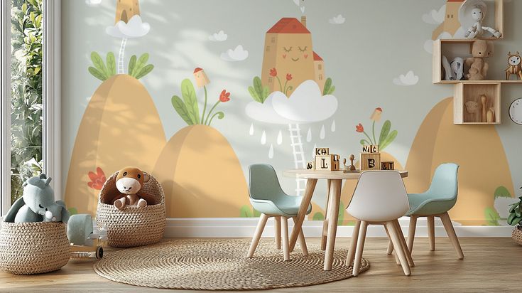 Wallpaper for kids room 1 Earthy Brown Mountain House Wallpaper Murals Premium Paper